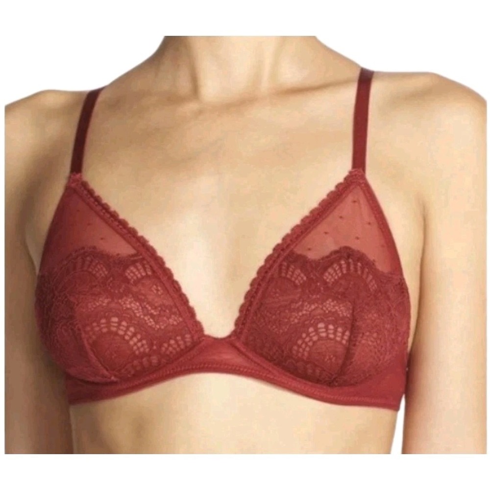 Intimately Free People Bra 32B Burgundy Lace Sheer Mesh Underwire Unlined